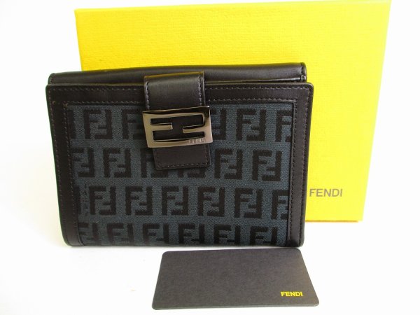 Photo1: FENDI Black Zucch Canvas Leather Bifold Wallet Compact Wallet #9162