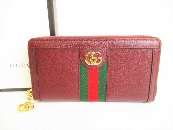 Photo1: GUCCI Double G Burgundy Leather Round Zip Long Wallet #9183