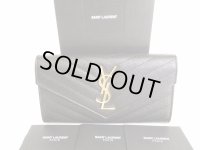 Saint Laurent Paris Gold YSL Motif Black Leather Long Flap Wallet #9185