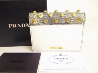 PRADA White City Calf Leather Gold H/W Bifold Wallet Compact Wallet #9190