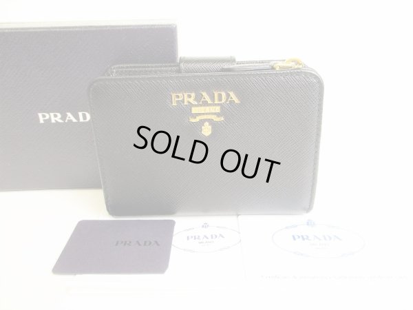 Photo1: PRADA Saffiano Black Hibiscus Leather Bifold Wallet Compact Wallet #9192