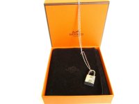 HERMES O'Kelly Silver Plated Black Veau Swift Pendant Necklace #9214