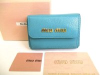 miumiu Blue Green Leather Madras Trifold Wallet Compact Wallet #9224