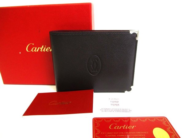Photo1: Cartier Must de Cartier Black Leather Bifold Bill Wallet Purse #9264