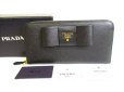 Photo1: PRADA Saffiano Black Leather Ribbon Round Zip Long Wallet Purse #9272 (1)