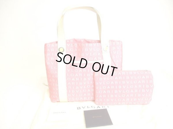 Photo1: BVLGARI Pink Canvas Cream Leather Logo Mania Tote Bag w/Pouch #9274