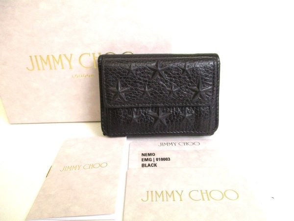 Photo1: Jimmy Choo Embossed Stars Black Leather Trifold Wallet Compact Wallet #9278