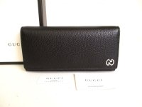GUCCI GG Metal Black Leather Bifold Long Flap Wallet #9286