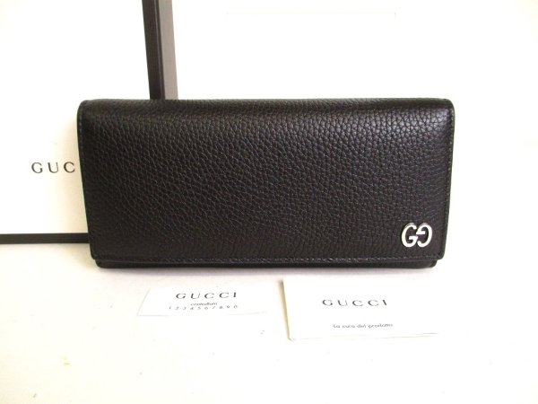 Photo1: GUCCI GG Metal Black Leather Bifold Long Flap Wallet #9286