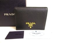PRADA Saffiano Metal Black Leather Bifold Wallet Compact Wallet #9293