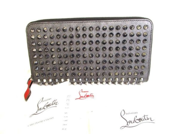 Photo1: Christian Louboutin Panettone Gun Metal Leather Spikes Round Zip Wallet #9302