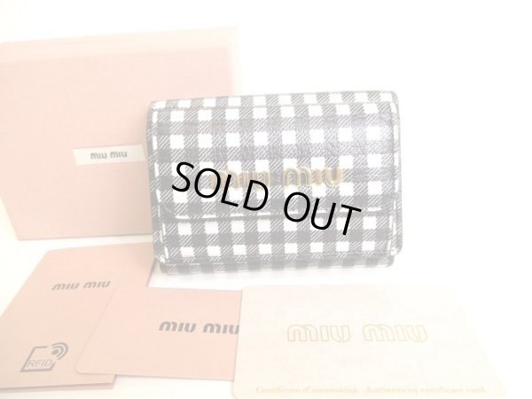 Photo1: miumiu Black White Madras Leather Trifold Wallet Compact Wallet #9307