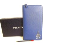 PRADA Navy Blue Saffiano Leather Porter Motif Round Zip Long Wallet #9324