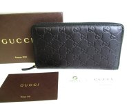 GUCCI Guccishima Black Leather Round Zip Long Wallet #9338