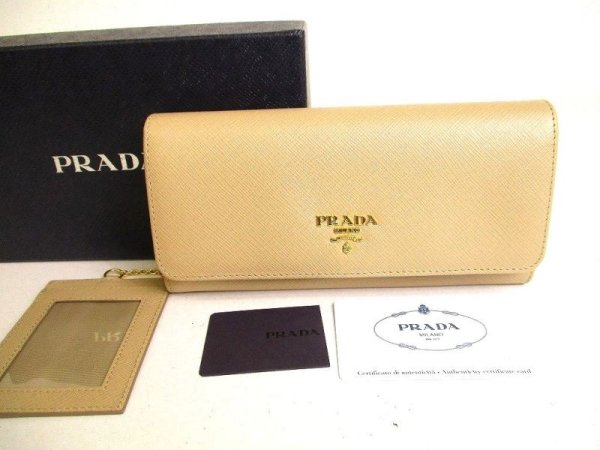 Photo1: PRADA Saffiano Metal Beige Leather Bifold Long Flap Wallet #9363