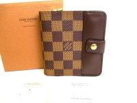 LOUIS VUITTON Damier Brown Leather Bifold Wallet Compact Zip #9373