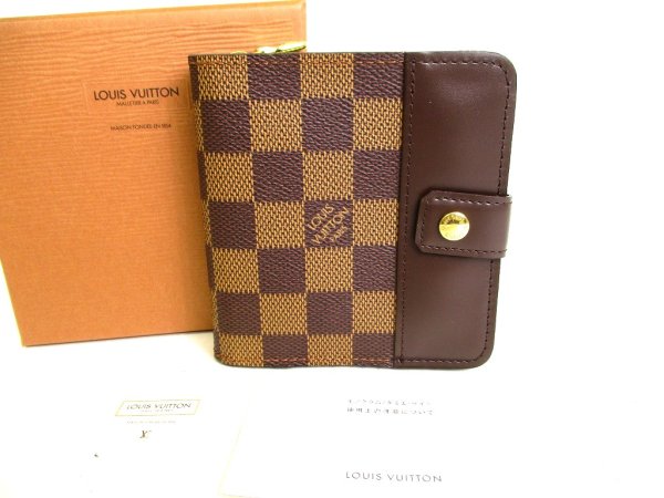 Photo1: LOUIS VUITTON Damier Brown Leather Bifold Wallet Compact Zip #9373