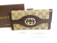 GUCCI GG Brown Canvas Dark Brown Leather Soho Long Wallet #9390
