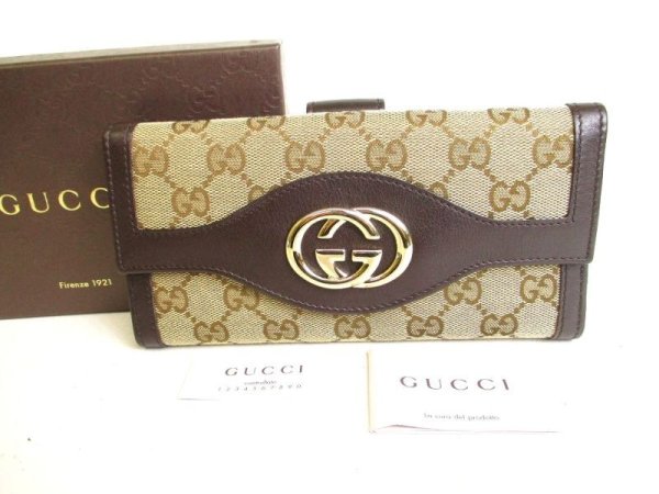 Photo1: GUCCI GG Brown Canvas Dark Brown Leather Soho Long Wallet #9390