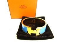 HERMES Gold Plated Light Blue Clic H Bracelet Bangle Small Size #9403