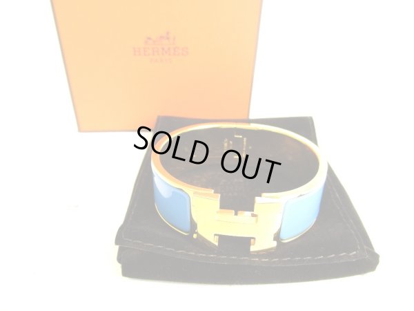 Photo1: HERMES Gold Plated Light Blue Clic H Bracelet Bangle Small Size #9403