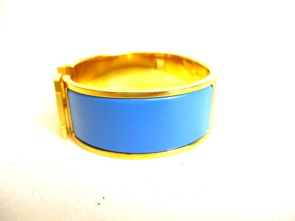 Photo2: HERMES Gold Plated Light Blue Clic H Bracelet Bangle Small Size #9403