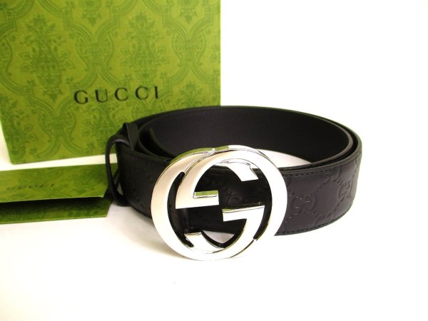 Photo1: GUCCI Interlocking G Buckle GG Black Leather Belt Size M #9410