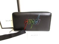 GUCCI Blade Embroidery Logo Black Leather Round Zip Wallet Purse #9411