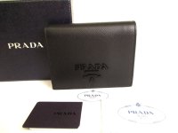 PRADA Saffiano Black Leather Bifold Wallet Compact Wallet #9412