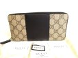 Photo1: GUCCI Brown GG PVC Canvas Black Leather Round Zip Long Wallet #9421 (1)