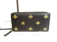 GUCCI Black Leather Bee and Star Motif Round Zip Long Wallet #9427
