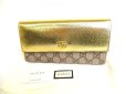 Photo1: GUCCI Double G GG PVC Canvas Gold Leather Bifold Long Flap Wallet #9429 (1)