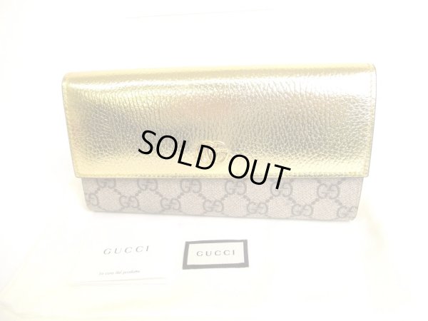 Photo1: GUCCI Double G GG PVC Canvas Gold Leather Bifold Long Flap Wallet #9429
