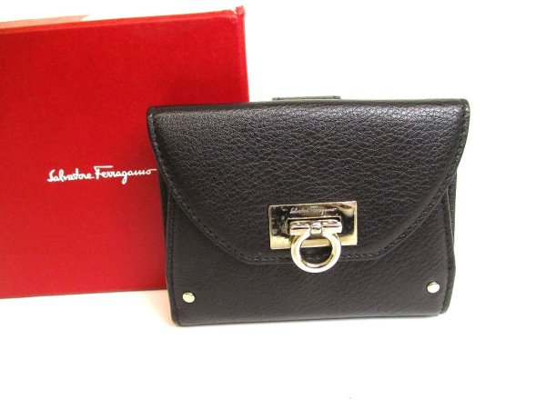 Photo1: Salvatore Ferragamo Gancini Black Pink Leather Bifold Wallet #9433