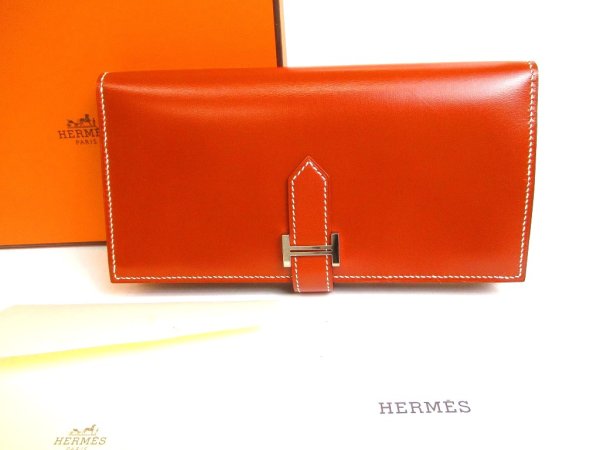 Photo1: HERMES Brown Box Calf Leather Silver H/W Long Wallet Bearn Soufflet #9443