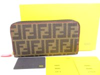 FENDI Zucca Khaki Canvas Pink Leather Round Zip Long Wallet #9445