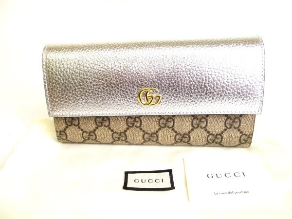 Photo1: GUCCI Double G GG PVC Canvas Silver Leather Bifold Long Flap Wallet #9453