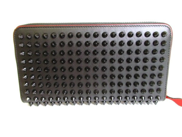 Photo2: Christian Louboutin Panettone Black Leather Spikes Round Zip Wallet #9456