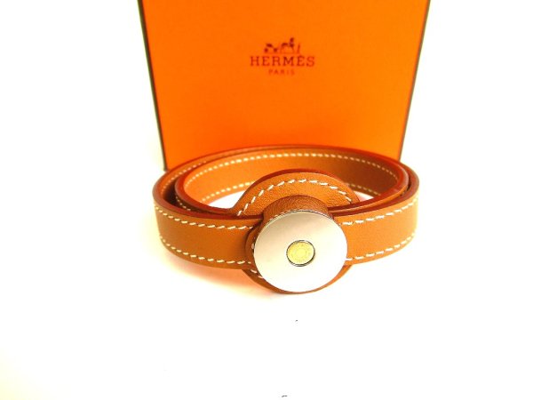 Photo1: HERMES Serie Palladium Plated Brown Leather Bracelet #9468