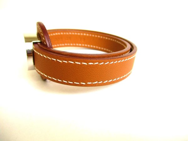 Photo2: HERMES Serie Palladium Plated Brown Leather Bracelet #9468