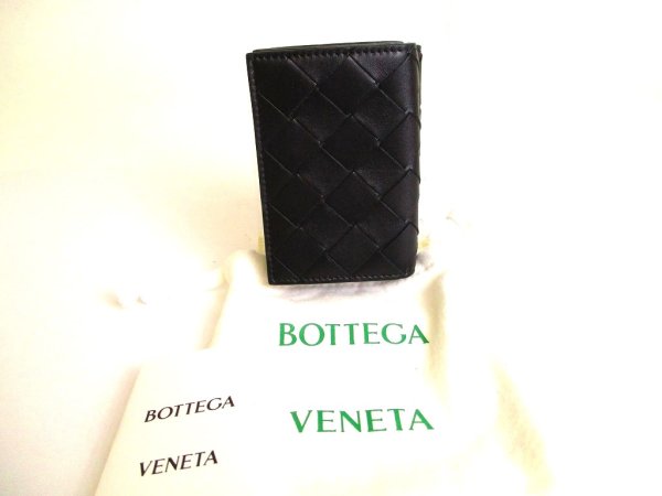 Photo1: BOTTEGA VENETA Intrecciato Black Leather Trifold Wallet Compact Wallet #9470