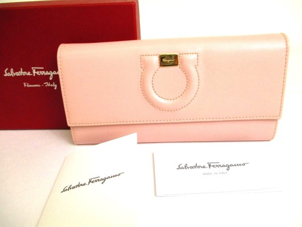 Photo1: Salvatore Ferragamo Gancini Light Pink Leather Long Flap Wallet #9488