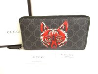 GUCCI GG Coating Canvas PVC Leather Wolf Motif Round Zip Wallet  #9497
