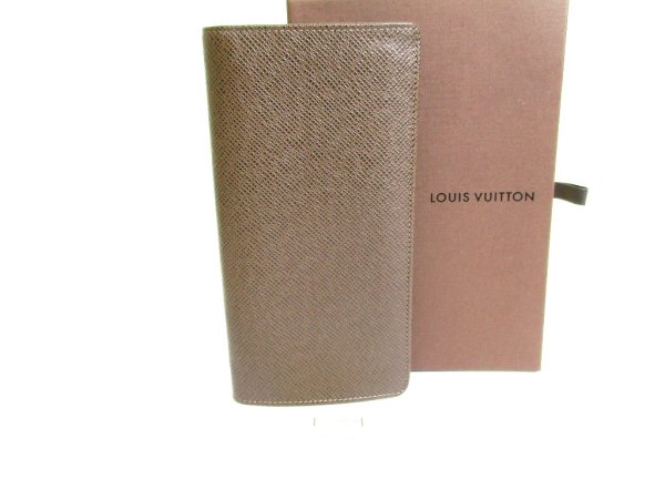 Photo1: LOUIS VUITTON Dark Brown Taiga Leather Long Wallet Portefeuille Brazza #9498