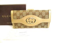 GUCCI GG Brown Canvas Beige Leather Soho Long Wallet #9499