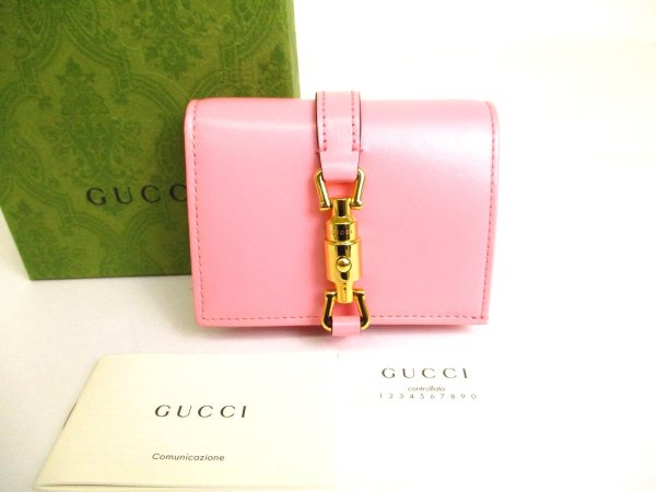 Photo1: GUCCI Pink Leather Gold H/W Jackie 1961 Card Case Wallet Bifold Wallet Compact Wallet #9514