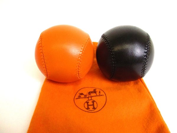 Photo1: HERMES Black and Orange Leather Baseball Ball Object #9528