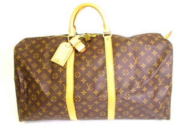 Photo1: LOUIS VUITTON Monogram Brown Leather Duffle Bag Boston Bag Keepall 55 #9547