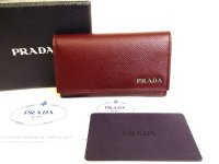 PRADA Bordeaux Saffiano Metal Leather 6 Pics Key Cases #9552