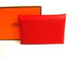 Photo1: HERMES Red Veau Epson Leather Card Case Card Holder Calvi #9559 (1)